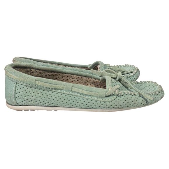 Minnetonka Lisa Slip On Moccasins Loafers Mint Green Perforated Suede Womens 8 - Picture 2 of 4